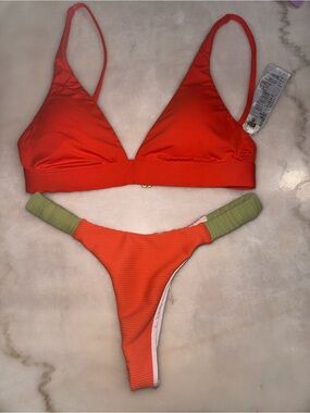 Billabong Women's Two-Piece Orange Thong Bikini with Olive Accents